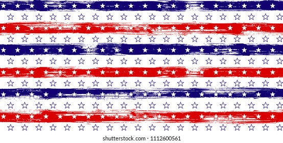 Independence day Stars and Stripes Retro Seamless Pattern in USA Flag Colors. American Independence Day vector of blue red white stars and stripes grunge background for holiday design.