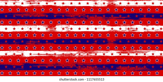 Independence day Stars and Stripes Vintage Seamless Vector Pattern in USA Flag Colors. American Independence Day vector of blue red white stars and stripes grunge background for holiday invitation.