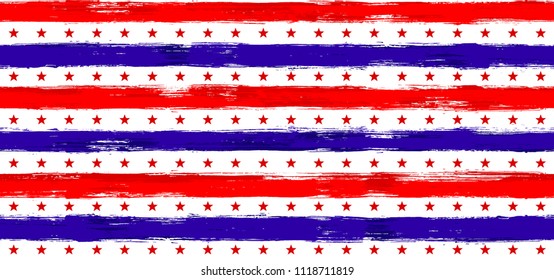 Independence day Stars and Stripes Vintage Seamless Pattern in USA Flag Colors. American Independence Day vector of blue red white stars and stripes grunge background for holiday banner.