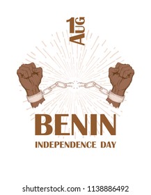 Independence Day of the state of Benin. August 1. A patriotic national holiday in the African country. A white pigeon over color Benin. The manual drawing in style the sketch. Vector illustration.