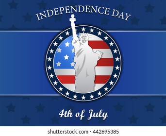 independence day with statue liberty and flag. vector illustration, badge, isolated on blue