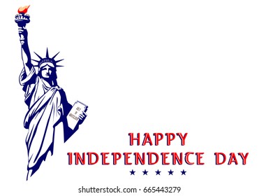 
Independence Day. Statue of Liberty. Flag of USA. During the celebration of the Day. July 4. Flat banner.3D letter font. Red text, colored, horizontal. Dark blue illustration on a white background
