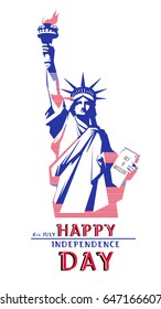 Independence Day. Statue of Liberty Holding Torch Hand Over US Flag Independence Day holiday on July 4 Flat banner vector illustration. blue, red illustration on a white background
