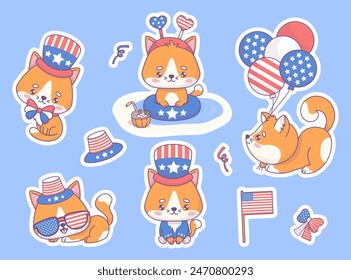 Independence Day stickers. Cute patriotic cats dressed in clothes and accessories for party in colors of American flag. Isolated Funny holiday cartoon kawaii character. Vector illustration.
