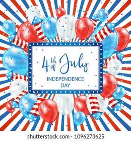 Independence day striped background with balloons, rocket fireworks and banner with lettering 4th of July, illustration.