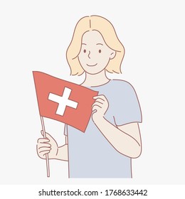 Independence Day of the Swiss Confederation.Switzerland flag state symbol. Greeting card Patriotic Girl Holds National Flag. Flat Vector Illustration. Hand drawn style vector design illustration.