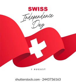 Unabhängigkeitstag in der Schweiz - 1. August. Die schwenkende Schweizer Flagge. Tag der Konföderation in der Schweiz. Vektorgrafik auf weißem Hintergrund.