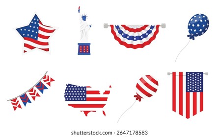 Independence Day Symbols with Statue of Liberty, Balloons, Maps, and Banners