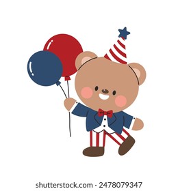 Independence Day, teddy bear holding balloon, celebration, 4th July. Flat cartoon style vector illustration isolated on white background