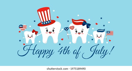 Independence day teeth happy family isolated. Smiling tooth with faces - mum, dad, son, daughter and USA photo booth props glasses, hat, flag, balloon. Dental vector flat cartoon card illustration