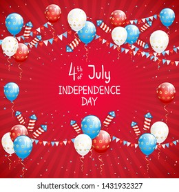 Independence day theme. Balloons and rocket fireworks with lettering 4th of July on red background. The concept of holiday can be used for cards, posters and banners, illustration.