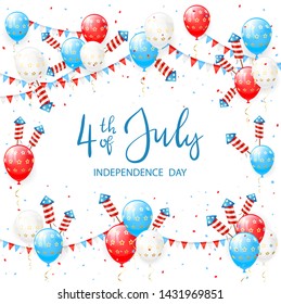 Independence day theme. Balloons and rocket fireworks with lettering 4th of July on white background. The concept of holiday can be used for cards, posters and banners, illustration.