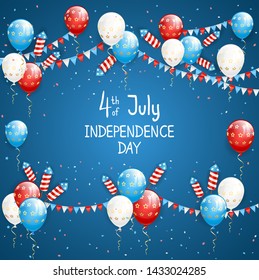 Independence day theme. Balloons and rocket fireworks with lettering 4th of July on blue background. The concept of holiday can be used for cards, posters and banners, illustration.