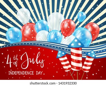 Independence day theme. Blue striped background with balloons and rocket fireworks. Lettering 4th of July. The concept of holiday can be used for greeting cards, posters and banners, illustration.