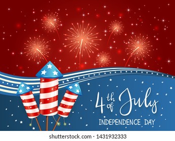 Independence day theme. Fireworks on red background. Lettering 4th of July and fireworks rockets on blue background. The concept of holiday can be used for cards, posters and banners, illustration.