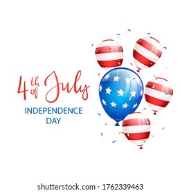 Independence day Theme. Lettering Independence day 4th of July with balloons and confetti on white background. Illustration can be used for holiday design, cards, posters, banners.