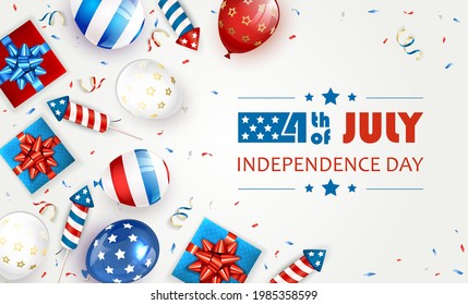 Independence day Theme. Lettering 4th of July with balloons, gift boxes and rocket fireworks. Independence day White background. Illustration can be used for holiday design, banners, cards, posters.