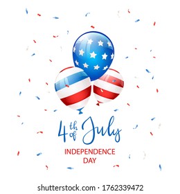 Independence day Theme. Text Independence day 4th of July with balloons and confetti on white background. Illustration can be used for holiday design, cards, posters, banners.