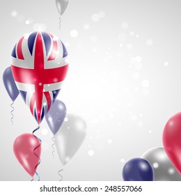 Independence Day. UK flag on air balloon. Celebration and gifts. Balloons on the feast of the national.  Use for brochures, printed materials, signs, elements
