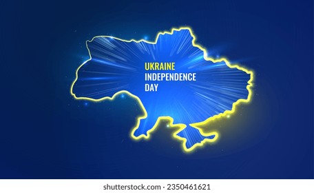 Independence Day of Ukraine concept in digital futuristic style. Map of the country with a light effect in the colors of the flag. Vector illustration of celebration banner