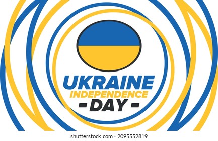 Independence Day in Ukraine. National happy holiday, celebrated annual in August 24. Ukrainian flag. Blue and yellow. Patriotic elements. Poster, card, banner and background. Vector illustration