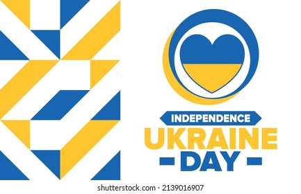 Independence Day in Ukraine. National happy holiday, celebrated annual in August 24. Ukrainian flag. Blue and yellow. Patriotic elements. Poster, card, banner and background. Vector illustration