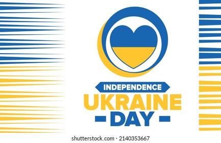 Independence Day in Ukraine. National happy holiday, celebrated annual in August 24. Ukrainian flag. Blue and yellow. Patriotic elements. Poster, card, banner and background. Vector illustration