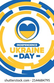 Independence Day in Ukraine. National happy holiday, celebrated annual in August 24. Ukrainian flag. Blue and yellow. Patriotic elements. Poster, card, banner and background. Vector illustration