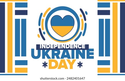 Independence Day in Ukraine. National happy holiday, celebrated annual in August 24. Ukrainian flag. Blue and yellow. Patriotic elements. Poster, card, banner and background. Vector illustration