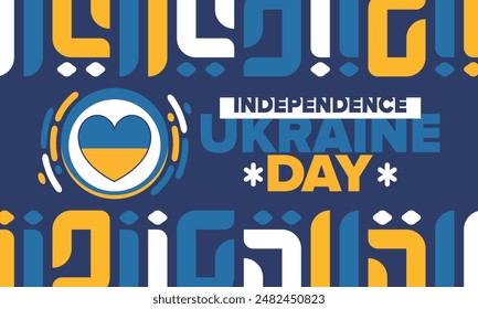 Independence Day in Ukraine. National happy holiday, celebrated annual in August 24. Ukrainian flag. Blue and yellow. Patriotic elements. Poster, card, banner and background. Vector illustration