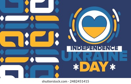Independence Day in Ukraine. National happy holiday, celebrated annual in August 24. Ukrainian flag. Blue and yellow. Patriotic elements. Poster, card, banner and background. Vector illustration