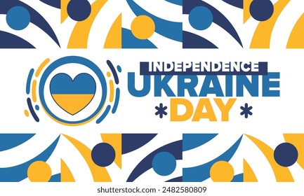Independence Day in Ukraine. National happy holiday, celebrated annual in August 24. Ukrainian flag. Blue and yellow. Patriotic elements. Poster, card, banner and background. Vector illustration