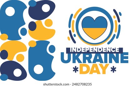 Independence Day in Ukraine. National happy holiday, celebrated annual in August 24. Ukrainian flag. Blue and yellow. Patriotic elements. Poster, card, banner and background. Vector illustration