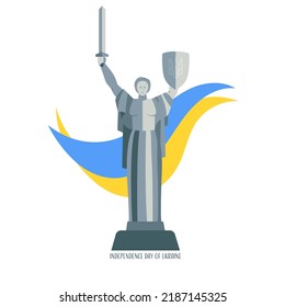 Independence Day of Ukraine. Vector Illustration With Motherland Monument and Flag of Ukraine. Perfect for Social Media, Banners, Cards, Printed Materials, etc.