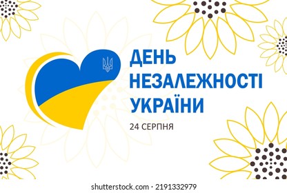 Independence Day of Ukraine written text in Ukrainian. August 24. Horizontal white poster with heart shaped flag and sunflower flowers. Vector.