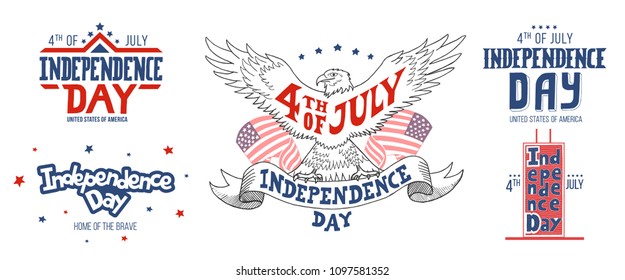 Independence day of the United States, 4th of July. Hand-drawn typography set.