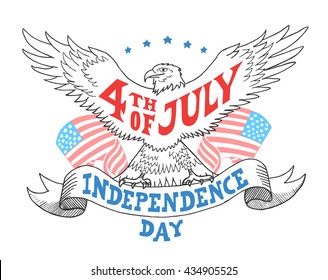 Independence day of the United States, 4th of July. Happy Birthday America. Hand-drawn greeting card on sketch of eagle. Vintage typography illustration