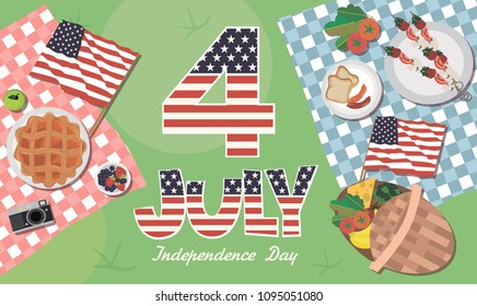 Independence day of United States of America greeting poster. Picnic party with foods and drinks. Editable vector illustration