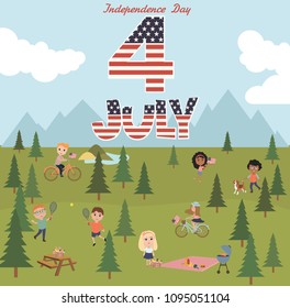 Independence day of United States of America greeting poster. Picnic party with characters. Editable vector illustration