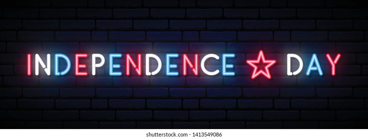 Independence Day of United States of America. Long banner with Neon colorful inscription. Vector light signboard.