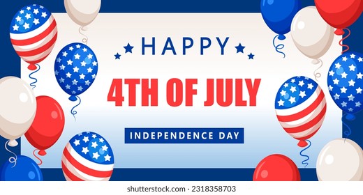 Independence Day of the United States of America banner with striped and starry USA balloons, in colors of american national flag. Vector illustration. Design template for the 4th of July celebration