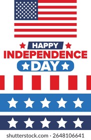 Independence Day in United States of America. The Fourth of July. Happy national holiday, celebrated annual in July 4. American flag. Country freedom day. Patriotic event design. Vector poster