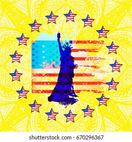 Independence Day United States. American star flag in a circle. A statue of liberty purple on a patterned yellow background from a hand drawing. Square white. Vector illustration for your design