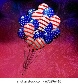Independence Day United States. Balloons fly up. Coloring American flag. On a patterned purple background from a hand drawing. Square vector illustration for your design