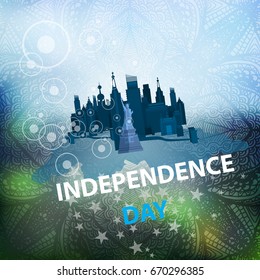 Independence Day United States. The city of New York. On a patterned background from hand drawing with rays from the middle. Square vector illustration for your design.