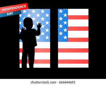 Independence Day United States. The concept of children's patriotism. The boy looks out off the window. The fourth of July. Illustration for your design. 