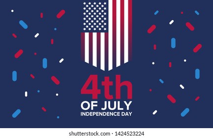 Independence Day in United States. Fourth of July. Federal holiday, celebrated annual in 4 July. Birthday USA as a free country. Patriotic design. Poster, greeting card, banner and background. Vector