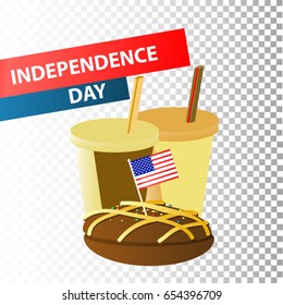 Independence Day United States. Fourth of July. Illustration for your design. Attributes of the holiday with the coloring of the American flag. Coffee, cappuccino and cake.
