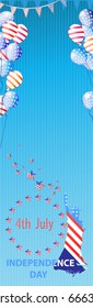 Independence Day United States. The fourth of July. The sky with clouds and balloons flying up. A statue of liberty and an inscription. Illustration for your design. vector.