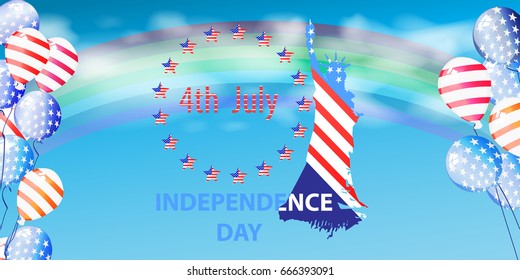 Independence Day United States. The fourth of July. The sky with clouds and balloons flying up. A statue of liberty and an inscription in a circle of stars. Illustration for your design. vector